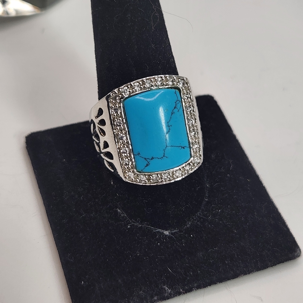 silvertone faux tourqoise rhinestone statement costume ring sz 11.5 western wms